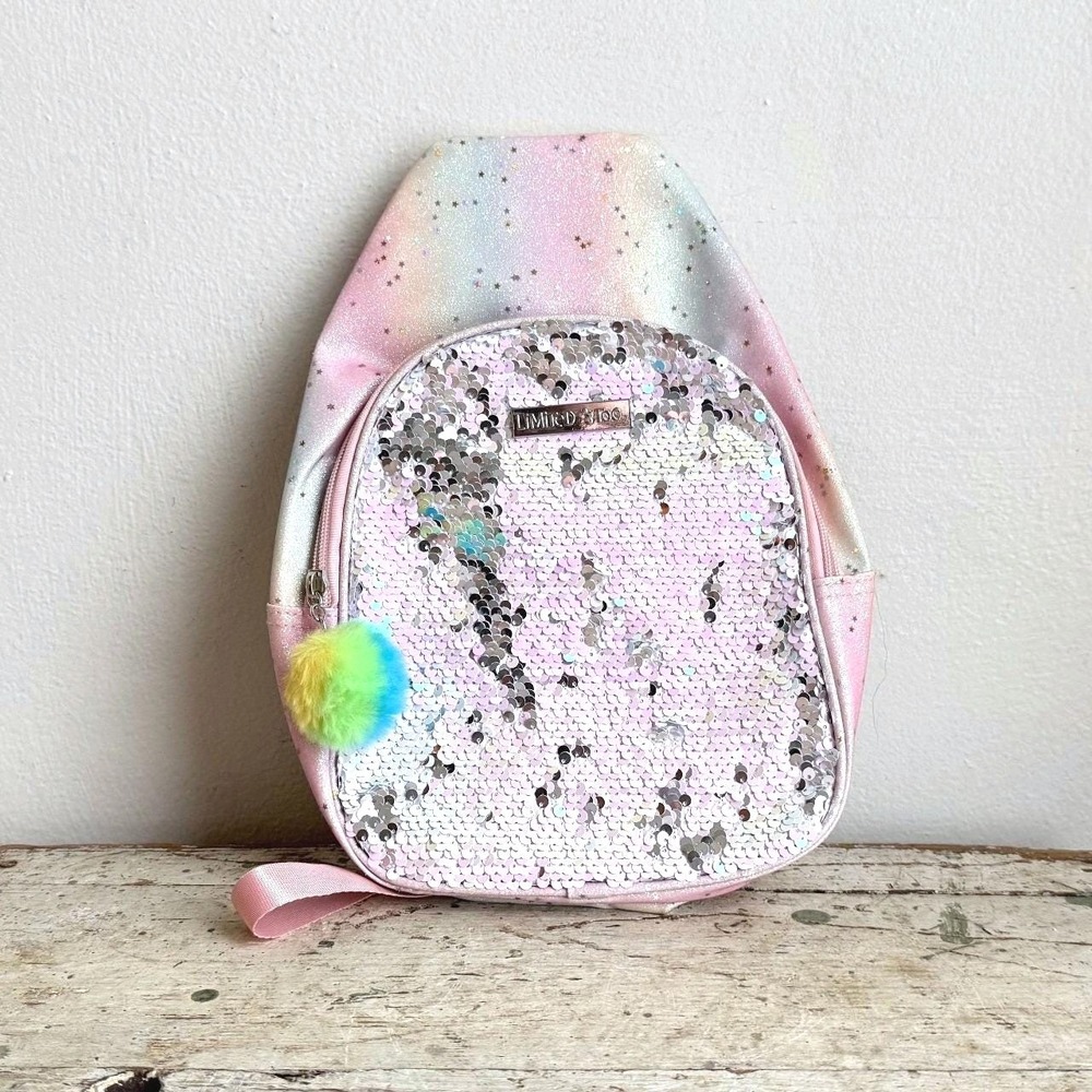 Limited Too Girls Sling Backpack Pastel Rainbow Sequin Star Pom Pom Pink